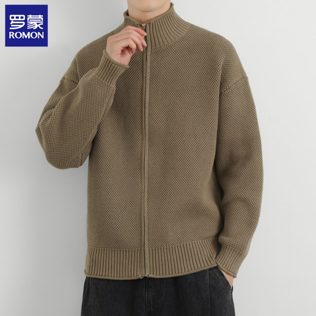 Luo Meng Cardigan Jacket Men's Spring and Autumn New Tide Brand Advanced Leisure Stand -collar Jacket Loose Knit Sweaters
