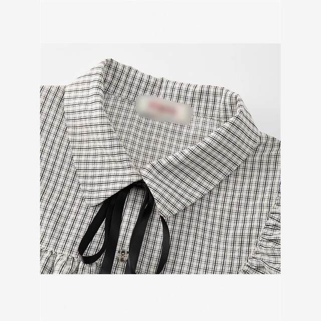 Design-sensory bow polo collar doll shirt top for women plaid ruffles to make them look slim short-sleeved T-shirt 2025 new style