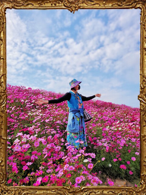 Japanese cartoon button mid -length skirt umbrella skirt large printed flower color purple with pocket sweet green
