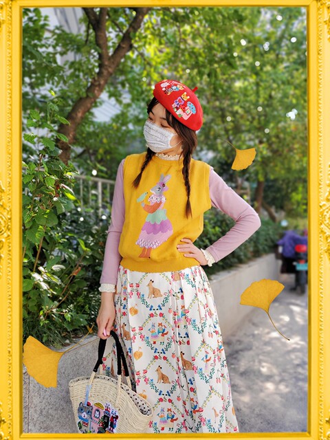 Spot skirt printed spring and autumn beige sweet midi skirt pleated women's style pastoral Japanese rabbit cat