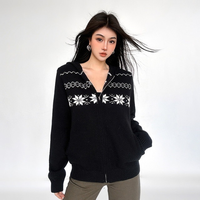 FUNOFF Fair Island Bath Style Black Zipper Hooded Sweater Jacket 2024 Winter Christmas Knitted Top for Women