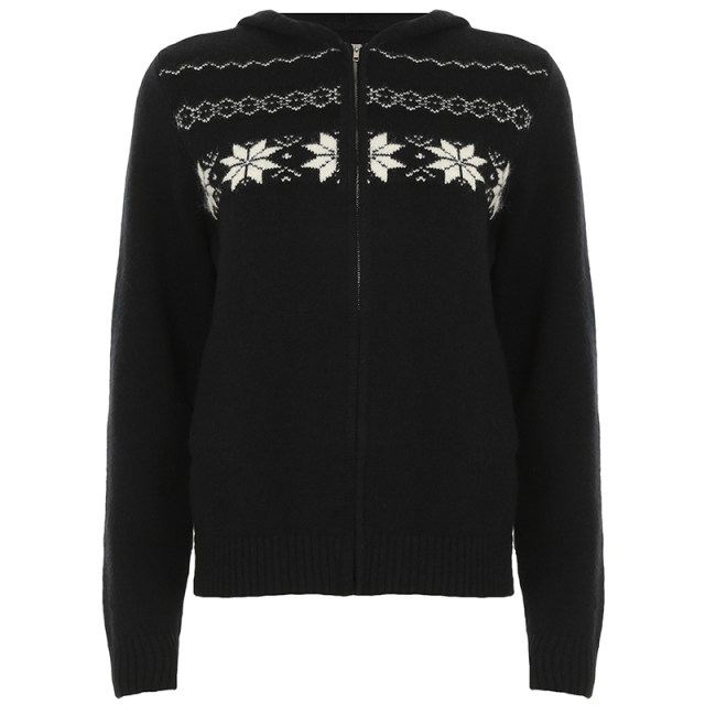 FUNOFF Fair Island Bath Style Black Zipper Hooded Sweater Jacket 2024 Winter Christmas Knitted Top for Women