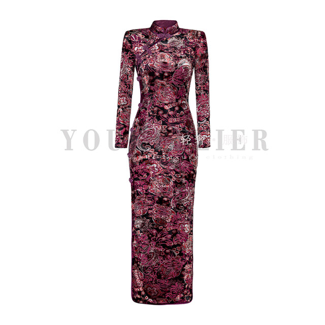 Original design high -definition velvet flower slim high waist printing temperament new Chinese cheongsam

