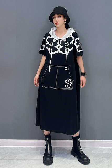 2025 summer new women's dress hooded printed spliced ​​midi skirt loose large size casual and fashionable slim