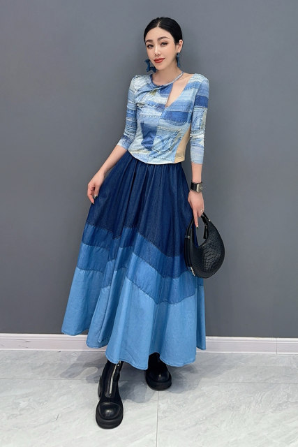 2025 summer new women's denim skirt big sway A-line umbrella skirt spliced ​​casual and fashionable long skirt