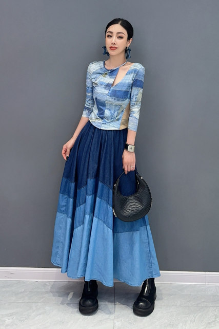 2025 summer new women's denim skirt big sway A-line umbrella skirt spliced ​​casual and fashionable long skirt