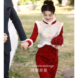 New Chinese Cheongsam Toasting Bride Superior Sensual Red Fitted Dress Two-piece Pullover Hoodie Collar