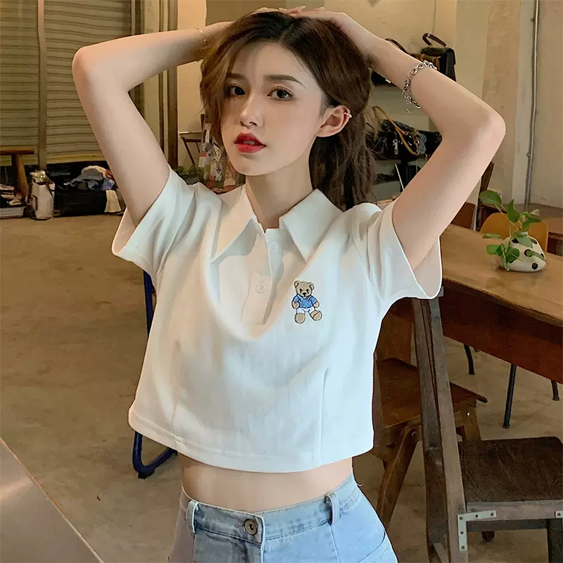 半袖小熊tシャツ女春新款短款高腰襟上着露へそ夏 O348K