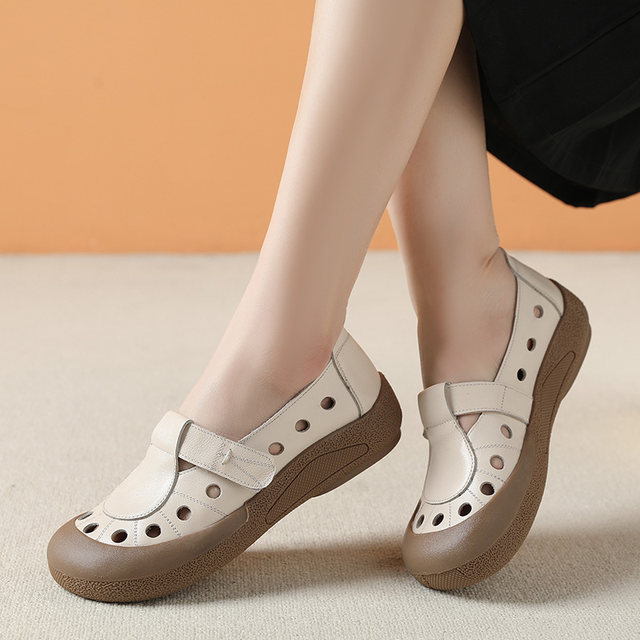 Soft cowhide spring and summer genuine leather bag-toe flat sandals new retro comfortable large size 41 women's shoes breathable hole shoes 42