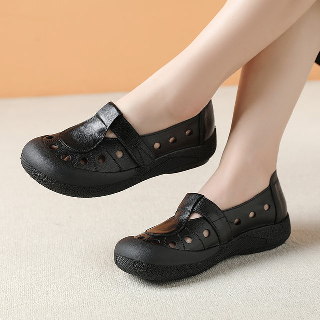 Soft cowhide spring and summer genuine leather bag-toe flat sandals new retro comfortable large size 41 women's shoes breathable hole shoes 42