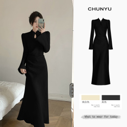 Large code French senior improved cheongsam dress women autumn and winter new fatmm waist thin black skirt