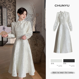 Autumn and winter big new Chinese women's dress white collar dress high-end retro national wind improved cheongsam dress