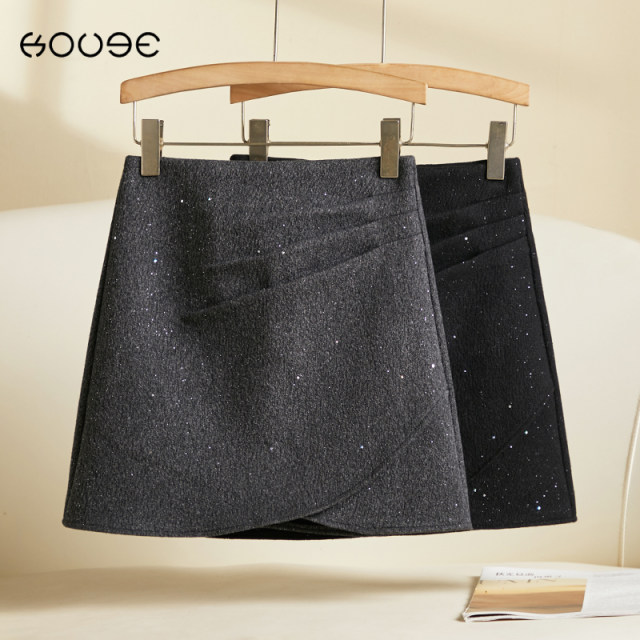 Black high-end sequin skirt for women 2024 autumn and winter new irregular symmetrical high-waisted small short skirt