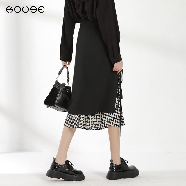 Spliced ​​plaid skirt for women in spring and autumn 2025 new high-waist strap mid-length chessboard plaid a-line skirt