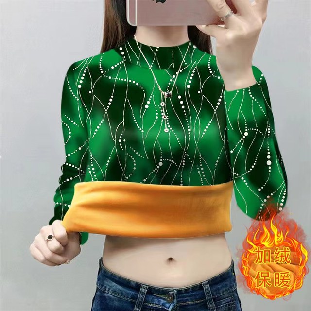 
Thickened velvet bottoming shirt for women all-in-one velvet mother's wear 2025 winter new style half turtleneck fashion printed warm clothing