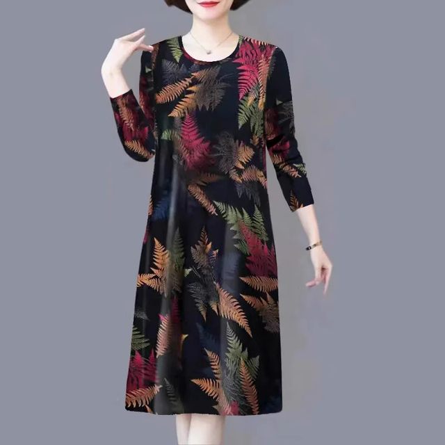 
Middle-aged and elderly mothers' autumn dress women's long-sleeved spring and autumn 2024 new large size belly-covering fashion mid-length skirt