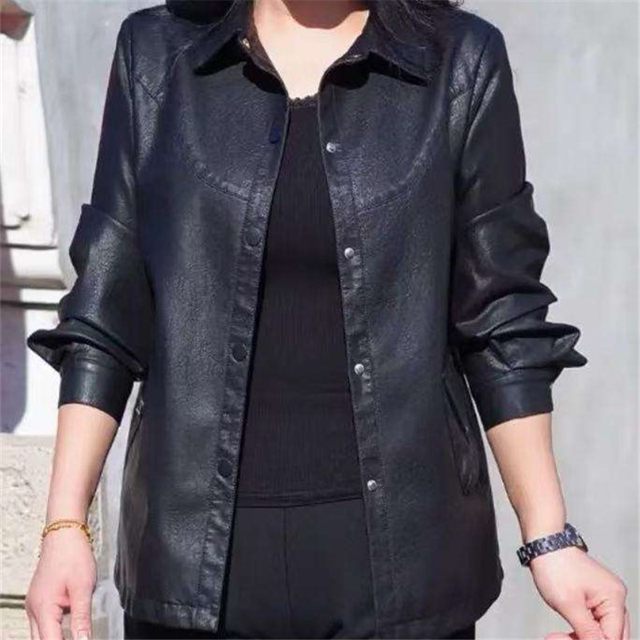 2025 Spring and Autumn Lapel Leather Jacket Mother's Clothes Age-Reducing Leather Jacket Western Style PU Leather Large Size Jacket Wear 220Jin [Jin equals 0.5kg]