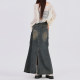 American high waist slit design touching workwear denim skirt for women spring and summer new multi-pocket A-line mid-length skirt
