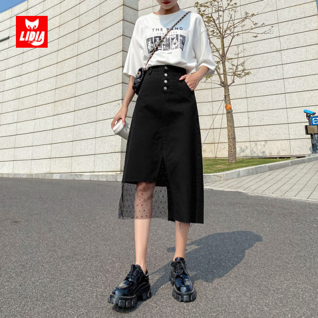 Black slit denim skirt for women in summer new high waist mid-length irregular hip A-line mesh skirt