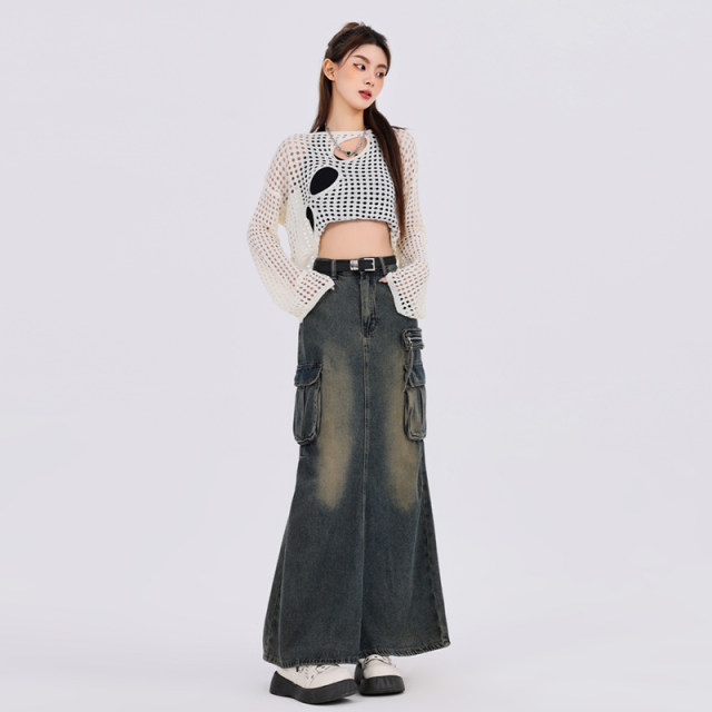 American high waist slit design touching workwear denim skirt for women spring and summer new multi-pocket A-line mid-length skirt
