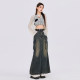 American high waist slit design touching workwear denim skirt for women spring and summer new multi-pocket A-line mid-length skirt

