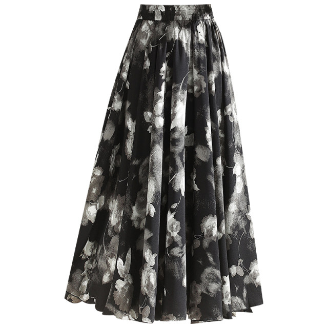 Printed chiffon large hem skirt long skirt for women 2025 summer new high-waist slimming A-line elastic waist skirt
