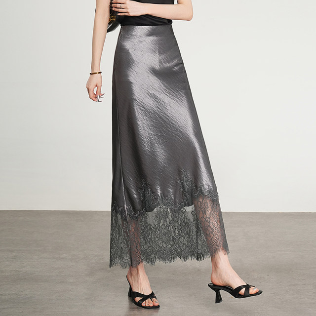 
Satin skirt for women summer 2025 new lace spliced ​​high waist temperament hip-packing A-line long skirt acetate fish tail skirt