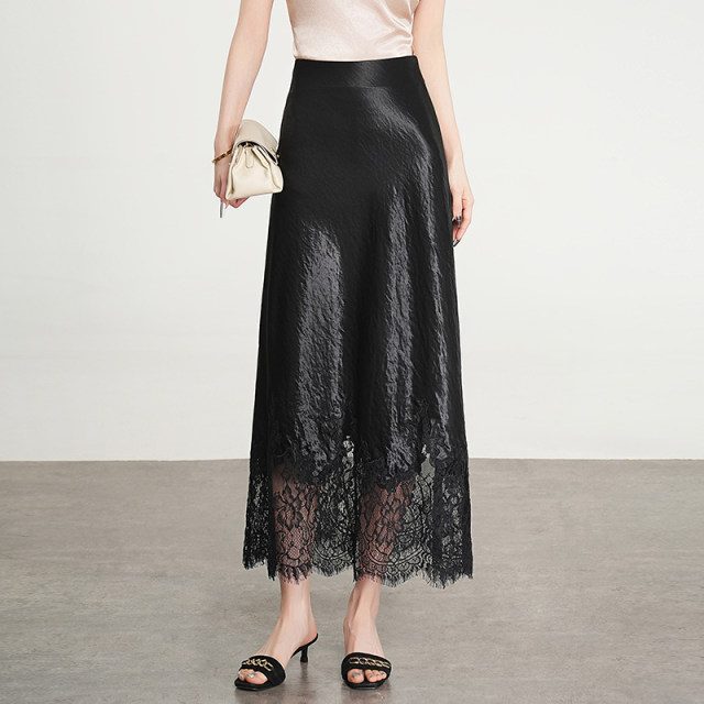 
Satin skirt for women summer 2025 new lace spliced ​​high waist temperament hip-packing A-line long skirt acetate fish tail skirt