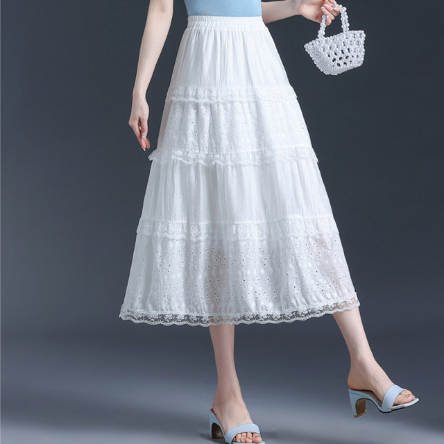 White lace spliced ​​skirt versatile elastic high waist slim A-line umbrella skirt cake skirt long skirt summer skirt