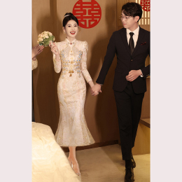 Chinese sequined cheongsam toast Bride 2023 fish tail back to the door to order wedding dress high-end light and small autumn and winter