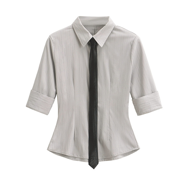 Walnut hot girl JK uniform slim white waist tie mid-sleeved shirt women's pure desire style slim short top
