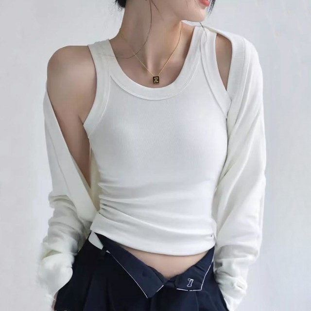 Women's summer ice silk modal inner layered top with all-in-one knitted ribbed camisole with chest pad