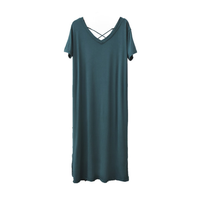 New dew -back long skirt female Xia Modal V -neck leisure bottom skirt short -sleeved dress large size loose A -line skirt
