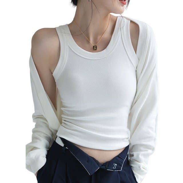Women's summer ice silk modal inner layered top with all-in-one knitted ribbed camisole with chest pad