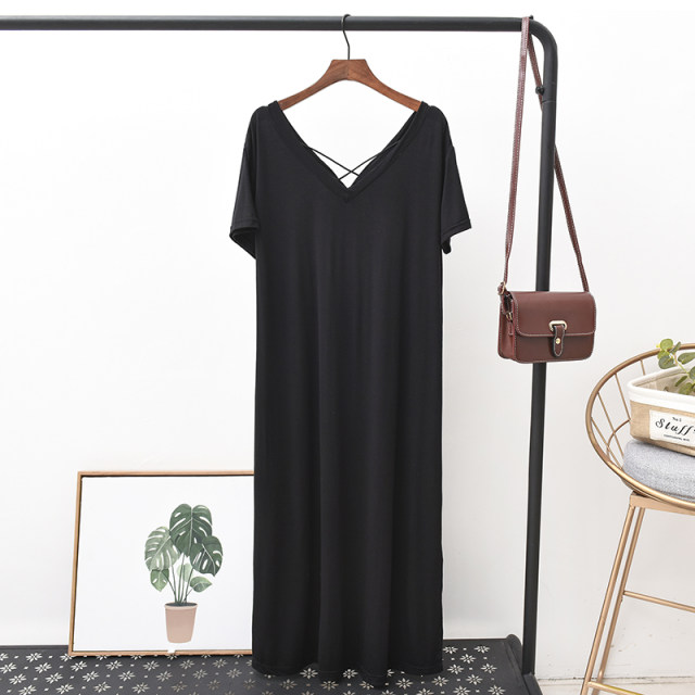 New dew -back long skirt female Xia Modal V -neck leisure bottom skirt short -sleeved dress large size loose A -line skirt
