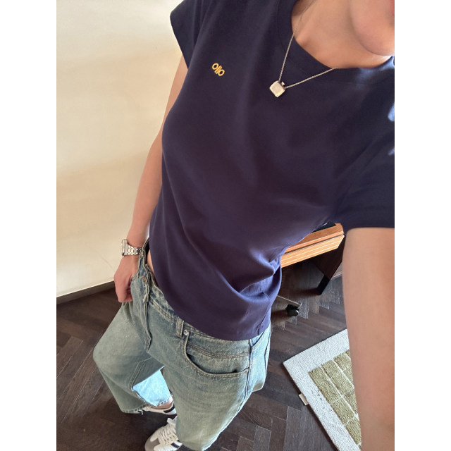 YANGLE_Front Shoulder Short Sleeve T-shirt for Women 2025 New Summer Minimalist Ins Style Slim Embroidered Top