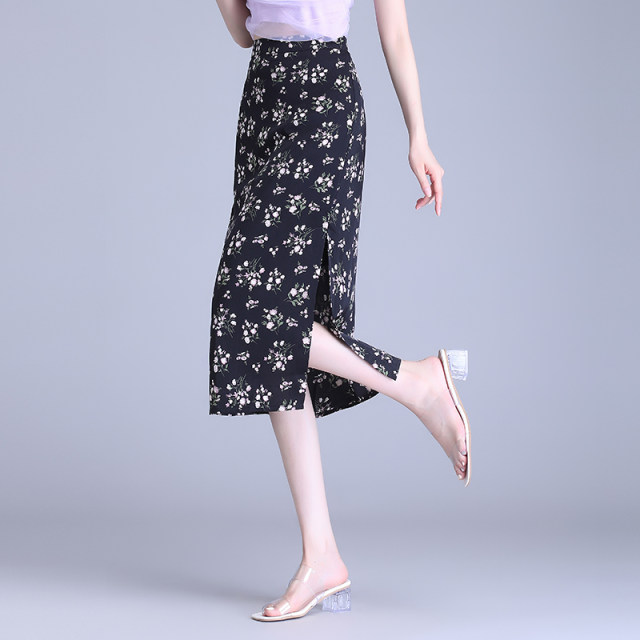 Temperature printed skirt for women in summer 2025 new high-end slim fit slit one-step skirt mid-length hip-cover skirt