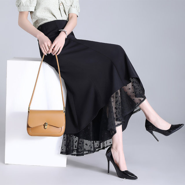 
2025 spring and summer new cool silk fishtail long skirt for women with high waist slim hip-covered skirt mid-length splicing one-step skirt