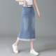 Lace spliced ​​denim skirt for women in summer 2025 new high-waisted slim hip skirt mid-length slit one-step skirt
