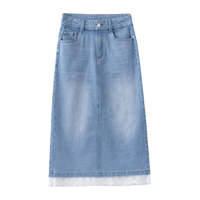 Lace spliced ​​denim skirt for women in summer 2025 new high-waisted slim hip skirt mid-length slit one-step skirt
