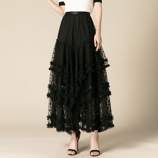 Temperament lace mesh skirt for women 2025 summer new high-waisted slim sweet and fluffy cake A-line long skirt