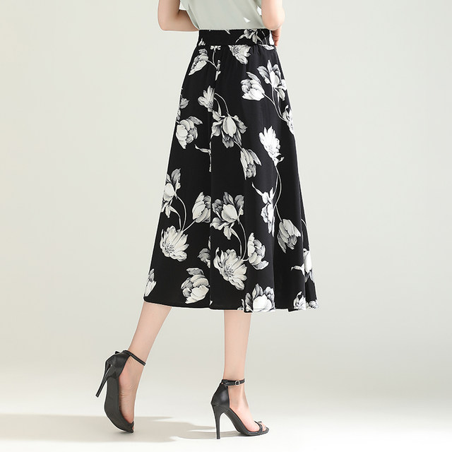 Fashion printed A-line skirt for women in summer 2025 new high-waisted slim drooping skirt mid-length commuting large hem skirt