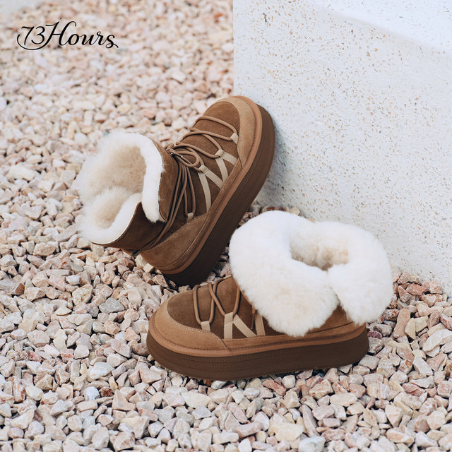 73hours Women's Shoes Furry Cloud 2025 Winter New Style Round Toe Thick Sole Warm Plus Velvet Snow Boots Furry Shoes