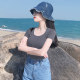 Age-reducing fashion beautiful smoke gray big round neck pure cotton slim T-shirt short-sleeved women's niche design top