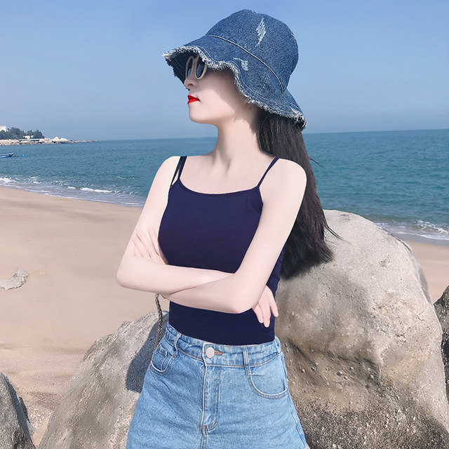 Hot girl's navy blue pure cotton tube top small camisole with summer outer wear and versatile sexy top with beautiful back