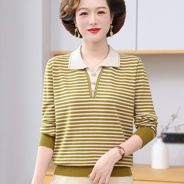 Mother's autumn knitted bottoming shirt striped top middle-aged thick sweater middle-aged women's spring and autumn outer wear foreign style