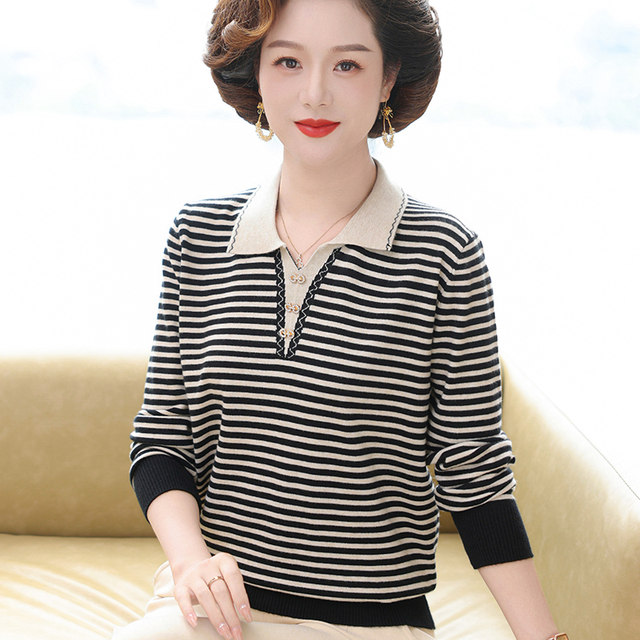 Mother's autumn knitted bottoming shirt striped top middle-aged thick sweater middle-aged women's spring and autumn outer wear foreign style
