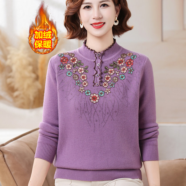 Mom's winter clothing, western style plus velvet warm sweater, loose embroidered top, middle-aged and elderly all-in-one velvet thickened bottoming shirt