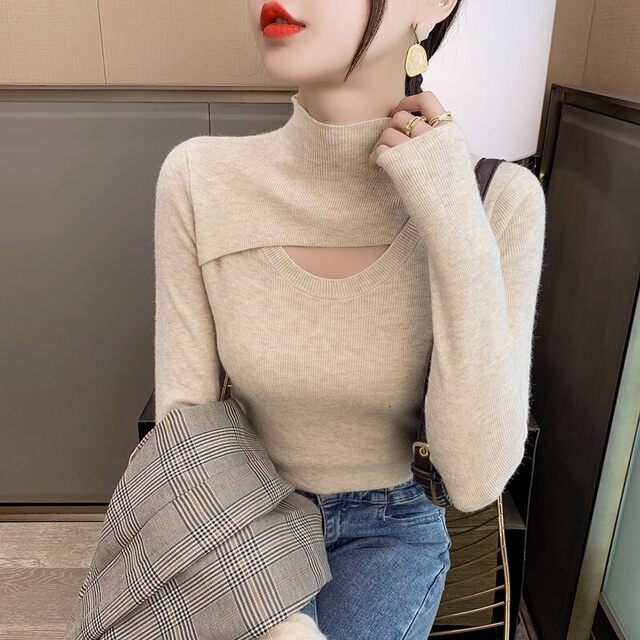 Half-high neck hollow base shirt for women in spring and autumn green sweater fashionable 2024 new slim fit knitted sweater
