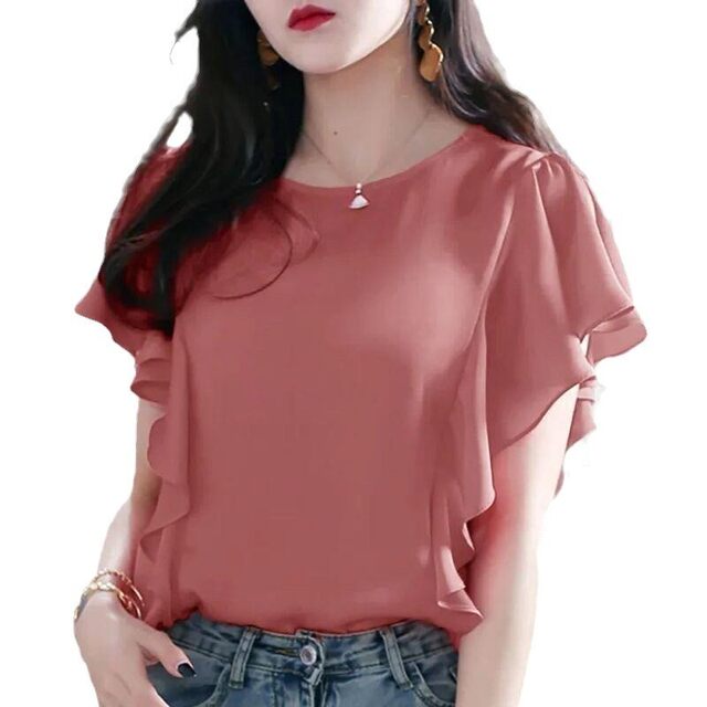 Temperate ruffled chiffon shirt short-sleeved 2024 summer new large size loose slim T-shirt belly covering top for women
